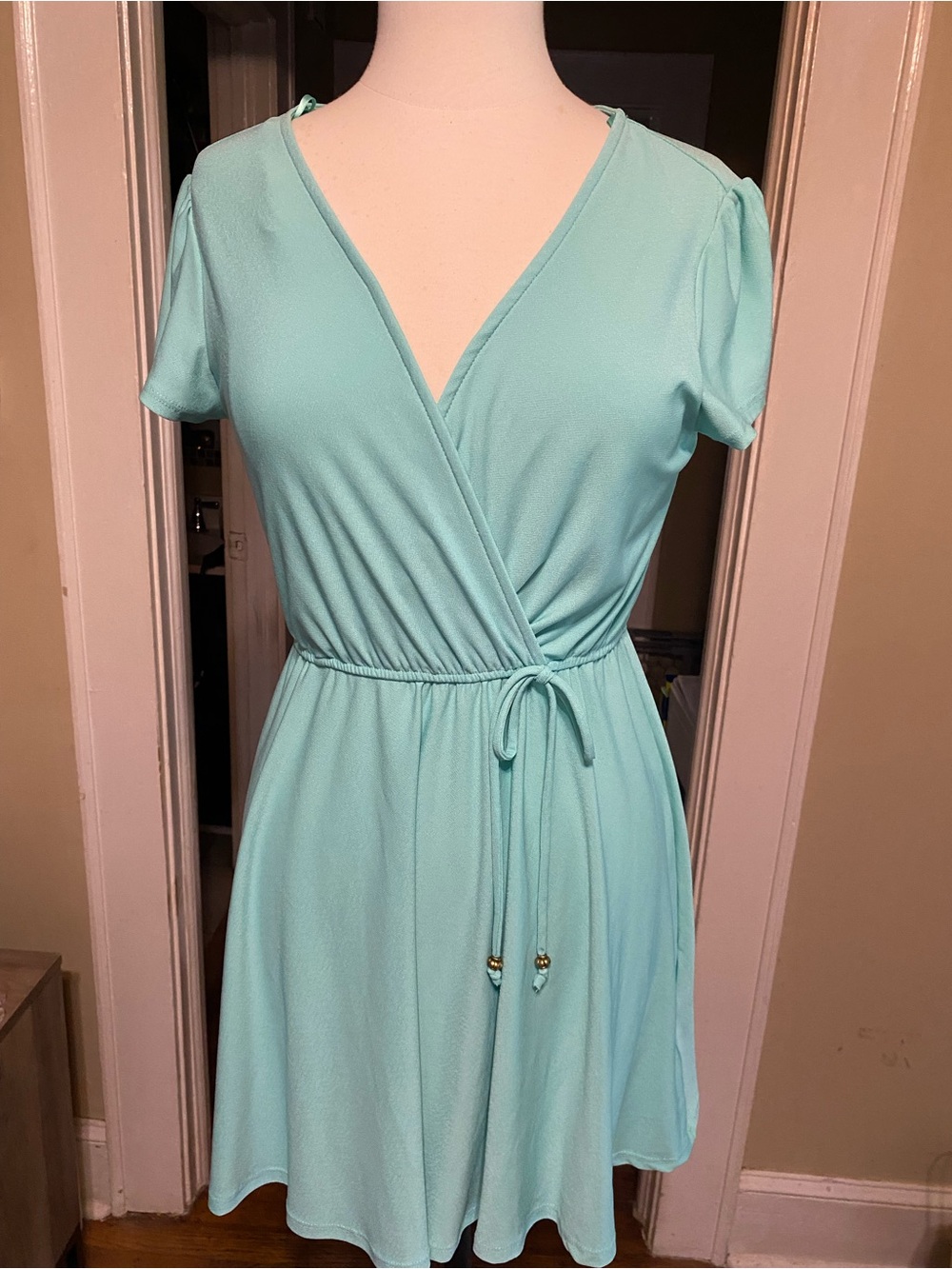 BeBop Mint Aqua Wrap-Front Short Sleeve Mini Dress